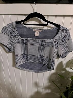Sincerly Jules Light Blue Plaid Square Neck Crop Top